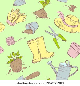 Seamless pattern. Attributes gardener. Garden, seedling pots, watering can, hat, spatula, gloves, garden shears.