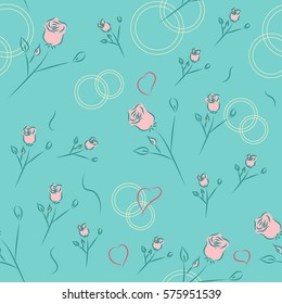 Seamless pattern  with attributes of love: roses, wedding rings, heart. Vector illustration. Background for Valentine's Day, wedding, love and romantic events. Color pink, emerald, blue, light yellow