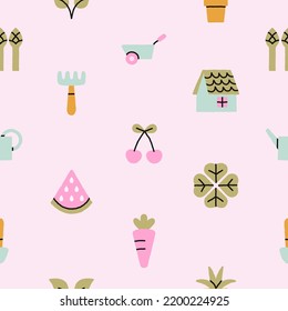 Seamless pattern with attributes of rural lifestyle. Cute Kawaii style, pastel colors. Gardening and nature concept. Hand drawn vector illustration. For print, fabric, wrapping paper design.