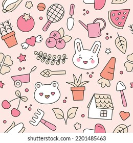 Seamless pattern with attributes of rural lifestyle. Cute Kawaii style, pastel colors. Gardening and nature concept. Hand drawn vector illustration. For print, fabric, wrapping paper design.