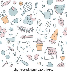 Seamless pattern with attributes of rural lifestyle. Cute Kawaii style, pastel colors. Gardening and nature concept. Hand drawn vector illustration. For print, fabric, wrapping paper design.