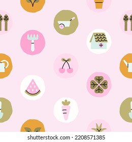 Seamless pattern with attributes of rural lifestyle. Cute Kawaii style, pastel colors. Gardening and nature concept. Hand drawn vector illustration. For print, fabric, wrapping paper design.