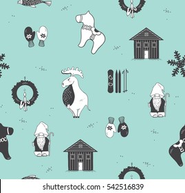 Seamless pattern with attributes of the Scandinavian countries.Set with design elements of symbols of Sweden, Denmark, Iceland , Norway: moose, gnome, snowflake, skiing, snowboard, viking helmet