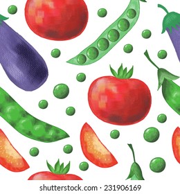 Seamless pattern with aubergines, peas and tomatoes on white background. Pastel-like vector image.