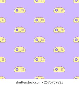 Seamless pattern with audio cassette and gamepad. Multicolored elements on purple background. Retro illustration with outline in 90s style. Vector illustration.