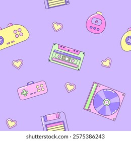 Seamless pattern with audio cassette and gamepad. Multicolored elements on purple background. Retro illustration with outline in 90s style. Vector illustration.