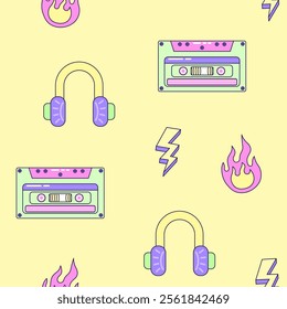 Seamless pattern with audio cassette and headphones. Multicolored elements on yellow background. Retro illustration with outline in 90s style. Vector illustration.