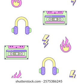 Seamless pattern with audio cassette and headphones. Multicolored elements on white background. Retro illustration with outline in 90s style. Vector illustration.