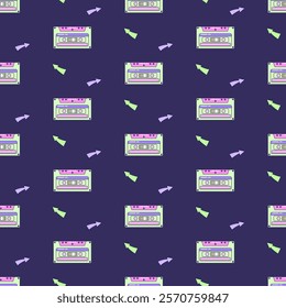 Seamless pattern with audio cassette. Multicolored elements on dark background. Retro illustration with outline in 90s style. Vector illustration.