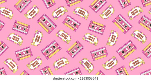 Seamless Pattern with audio cassette and super duper sticker in Y2k, 90s Style. Trendy Funky Background, poster, stickers. Flat Vector Illustration. Kids Graphic Cover.
