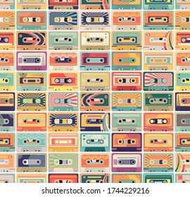 Seamless pattern with audio cassette tapes in a retro color palette. 80s and 90s music and culture inspired vector pattern.