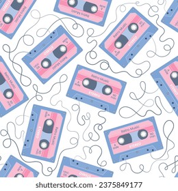 Seamless pattern with audio cassette and unwound tape. Retro mixtape of tunes and songs 80s or 90s. Audio equipment for analog music records. Trendy groovy background for poster, wrapping, wallpaper