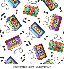 Seamless pattern with audio cassettes in doodle style.