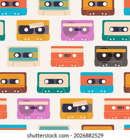 Seamless pattern with audio cassettes. Repetitive audio tapes for retro design. Vector EPS 10.