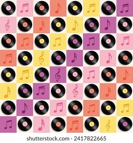 Seamless pattern of audio cassettes or retro cassette discs for designs, backgrounds, fabrics, wrappers, covers, etc.