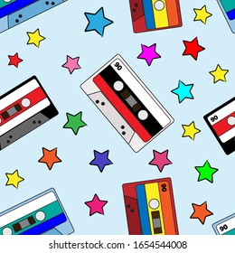 Seamless pattern with audio cassettes and stars. Musical print. Retro vector illustration.