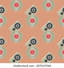 Seamless pattern with audio speaker and vinyl disk. Vector illustration. Eps 10