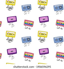 Seamless pattern with audio tapes Cassettes. Vector Illustration in doodle style