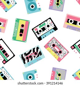 Seamless pattern with audio tapes in retro 80s style 3