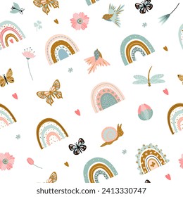 Seamless pattern for aunts rainbow insects in Scandinavian style. Pattern on a transparent background. Vector illustration.