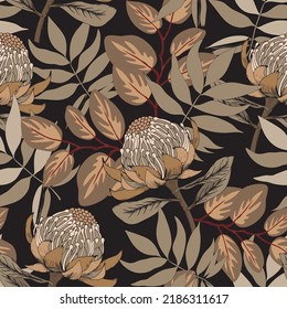 seamless pattern of australia native flower in earth tone color on black background