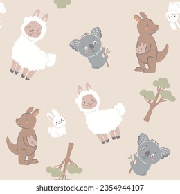 Seamless pattern with Australian animals - kangaroo, koala,alpaca, vector hand drawn illustrations