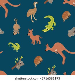 Patrón sin fisuras de animales australianos en azul.  Diseño para tela, textil, Fondo de pantalla, embalaje, para niños	