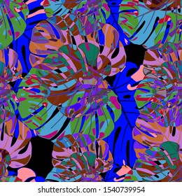Seamless Pattern with Australian Jungle. Retro Colorful Texture with Tropical Leaves for Fabric, Textile, Linen. Vector Tropical Pattern.