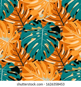 Seamless Pattern with Australian Jungle. Retro Colorful Texture with Tropical Leaves for Paper, Swimwear, Cloth. Vector Tropical Pattern.