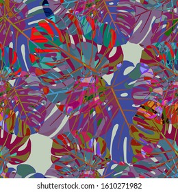 Seamless Pattern with Australian Jungle. Trendy Colorful Texture with Tropical Leaves for Wallpaper, Swimwear, Underwear. Vector Tropical Pattern.