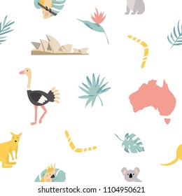 Seamless pattern australian landmarks and animals.