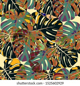 Seamless Pattern with Australian Rainforest. Retro Colorful Texture with Tropical Leaves for Fabric, Wallpaper, Linen. Vector Tropical Pattern.