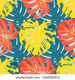 Seamless Pattern with Australian Rainforest. Trendy Colorful Texture with Tropical Leaves for Print, Swimwear, Underwear. Vector Tropical Pattern.
