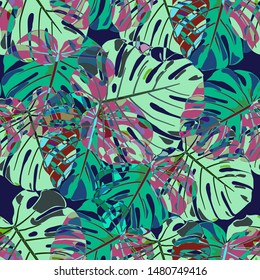 Seamless Pattern with Australian Rainforest. Vintage Colorful Texture with Tropical Leaves for Dress, Curtain, Cloth. Vector Tropical Pattern.