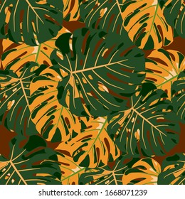 Seamless Pattern with Australian Rainforest. Vintage Colorful Texture with Tropical Leaves for Paper, Swimwear, Textile. Vector Tropical Pattern.