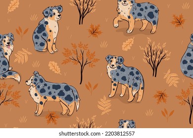 Seamless pattern with australian shepherds, autumn leaves and bushes. Vector graphics.