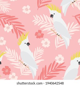 Seamless pattern of Australian sulphur crested yellow cockatoo with tropical leaves and flowers. Pink tropical background 