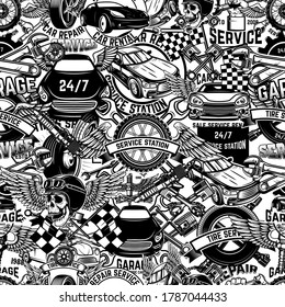 Seamless pattern with auto repair design elements in monochrome style. Design element for poster, card, banner. Vector illustration