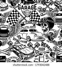 Seamless pattern with auto repair design elements in monochrome style. Design element for poster, card, banner. Vector illustration