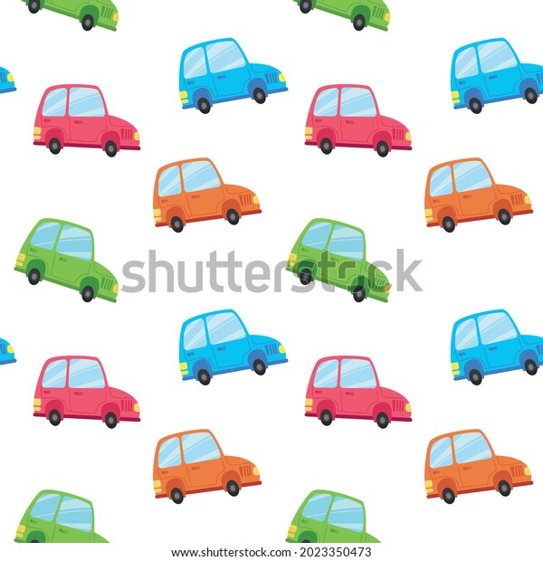 Seamless pattern\
with auto transport. Cartoon multi-colored children s cars on a\
white background. Vector illustration for kids, for print design,\
textiles, cards and\
clothes.
