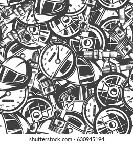 seamless pattern with automobile car parts, monochrome elements, black and white background.