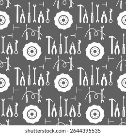 Seamless pattern of automotive tools including wrenches, pliers, and tires in a gray background vector