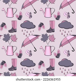 Seamless pattern with autumn accessories, mushrooms, acorns and leaves vector illustration 