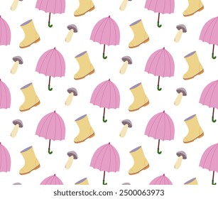 Seamless pattern with autumn accessories, with an umbrella, boots and mushrooms