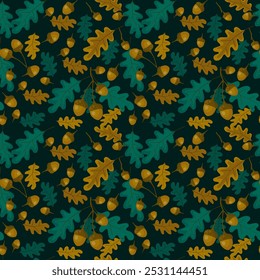 Seamless pattern. Autumn acorns and leaves.