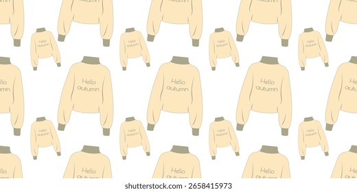 Seamless pattern of autumn apparel including sweaters in flat style. Hand drawn vector illustration for posters, banners and social media posts