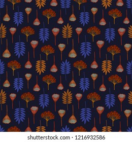 Seamless pattern with autumn ashberry leaves, viburnum berries and dried lotus pods on dark background. Orange, brown, red and blue colors. Repeat botanical pattern. Vector illustration.
