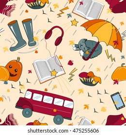 Seamless pattern with autumn attributes.