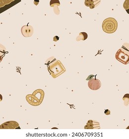 Patrón sin problemas con atributos otoñales en un estilo minimalista. Ideal para imprimir en tela, papel y tarjetas para niños.