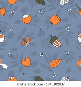Seamless pattern of autumn attributes on a blue background of abstract leaves. Design for wallpaper, wrapping paper. Happy Thanksgiving.
